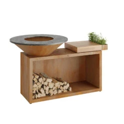 Cuisine Grill Magasin 34 Brasero Plancha OFYR Island 100 En Corten + Plan De Travail Teck